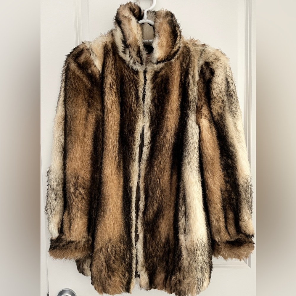 Faux Fur Coat in Brown and Cream